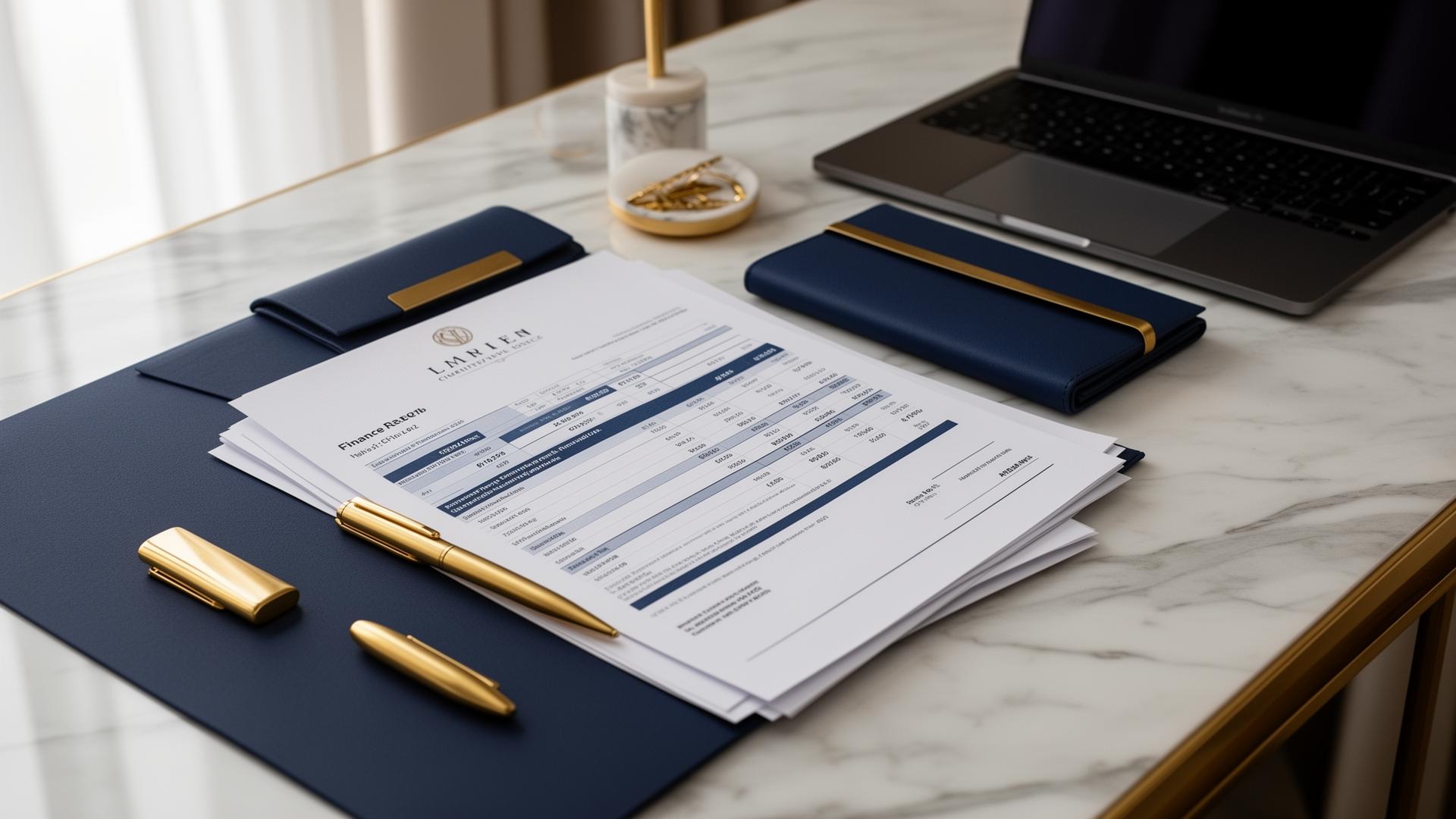 Professional finance workspace with documents and a gold pen